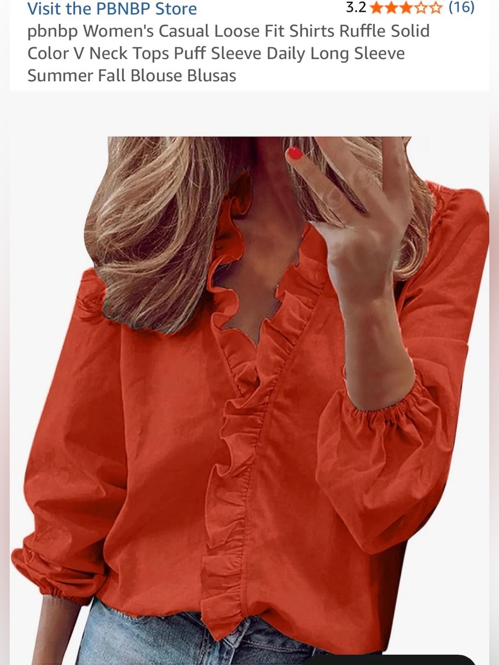 Ruffle V-Neck Long Sleeve Blouse - Red